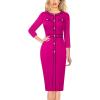 imageVFSHOW Womens Buttons Patchwork Work Business Office Party Bodycon Pencil Sheath DressHot Pink