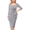 imageVFSHOW Womens Square Neck Peplum Buttons Belted Business Work Office Slim Pencil Sheath DressBlue Tweed