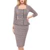 imageVFSHOW Womens Square Neck Peplum Buttons Belted Business Work Office Slim Pencil Sheath DressPink Plaid Tweed