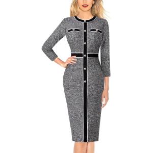 imageVFSHOW Womens Buttons Patchwork Work Business Office Party Bodycon Pencil Sheath DressBlack Tweed
