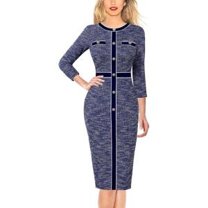 imageVFSHOW Womens Buttons Patchwork Work Business Office Party Bodycon Pencil Sheath DressBlue Tweed