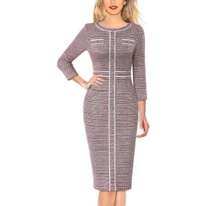 imageVFSHOW Womens Buttons Patchwork Work Business Office Party Bodycon Pencil Sheath DressPink Tweed