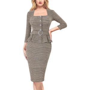 imageVFSHOW Womens Square Neck Peplum Buttons Belted Business Work Office Slim Pencil Sheath DressApricot Plaid Tweed