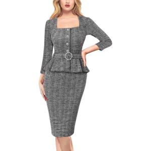imageVFSHOW Womens Square Neck Peplum Buttons Belted Business Work Office Slim Pencil Sheath DressBlack Tweed