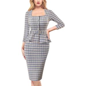 imageVFSHOW Womens Square Neck Peplum Buttons Belted Business Work Office Slim Pencil Sheath DressBlue Tweed