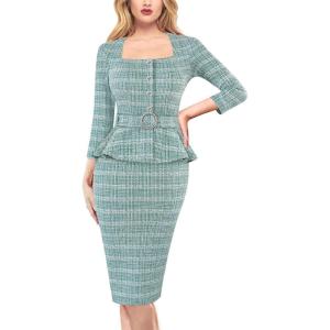 imageVFSHOW Womens Square Neck Peplum Buttons Belted Business Work Office Slim Pencil Sheath DressTeal Green Tweed