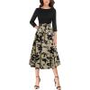 imageVFSHOW Womens Elegant Pockets Belted Work Business Office Casual Party Pleated ALine Midi DressBlack  Taupe With Black Floral