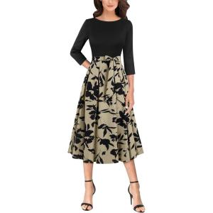 imageVFSHOW Womens Elegant Pockets Belted Work Business Office Casual Party Pleated ALine Midi DressBlack  Taupe With Black Floral