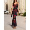 imageVFSHOW Womens 2025 Spaghetti Strap Cocktail Bodycon Maxi Dress Sexy Backless Scoop Neck Wedding Guest Formal Long DressesBlack With Red Floral Print