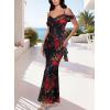 imageVFSHOW Womens Spaghetti Strap Ruffle Ruched Bodycon Maxi Dress 2025 Sexy Cold Shoulder Fitted Formal Long Cocktail DressBlack With Red Floral Print