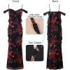 imageVFSHOW Womens Spaghetti Strap Ruffle Ruched Bodycon Maxi Dress 2025 Sexy Cold Shoulder Fitted Formal Long Cocktail DressBlack With Red Floral Print