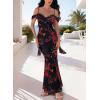 imageVFSHOW Womens Spaghetti Strap Ruffle Ruched Bodycon Maxi Dress 2025 Sexy Cold Shoulder Fitted Formal Long Cocktail DressBlack With Red Floral Print