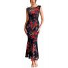 imageVFSHOW Womens 2025 Boat Neck Formal Bodycon Maxi Dress Sleeveless Slim Fitted Wedding Guest Long Cocktail Mermaid DressesBlack With Red Floral Print