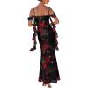 imageVFSHOW Womens Spaghetti Strap Ruffle Ruched Bodycon Maxi Dress 2025 Sexy Cold Shoulder Fitted Formal Long Cocktail DressBlack With Red Floral Print