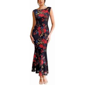 imageVFSHOW Womens 2025 Boat Neck Formal Bodycon Maxi Dress Sleeveless Slim Fitted Wedding Guest Long Cocktail Mermaid DressesBlack With Red Floral Print