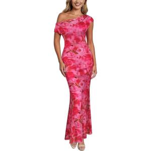 imageVFSHOW Womens 2025 One Shoulder Wedding Guest Bodycon Maxi Dress Sexy Off The Shoulder Fitted Formal Long Cocktail DressesPink Floral Print