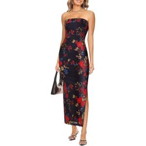 imageVFSHOW Womens 2025 Sexy Backless Formal Tube Bodycon Maxi Dress Strapless Side Slit Beach Wedding Guest Long Cocktail DressesBlack With Red Floral Print