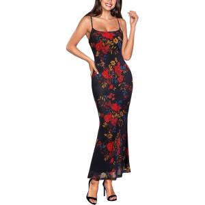 imageVFSHOW Womens 2025 Spaghetti Strap Cocktail Bodycon Maxi Dress Sexy Backless Scoop Neck Wedding Guest Formal Long DressesBlack With Red Floral Print