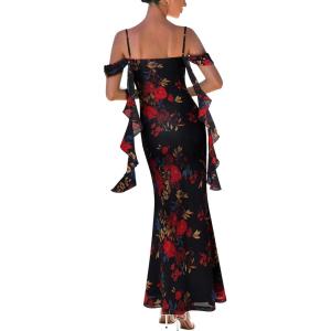 imageVFSHOW Womens Spaghetti Strap Ruffle Ruched Bodycon Maxi Dress 2025 Sexy Cold Shoulder Fitted Formal Long Cocktail DressBlack With Red Floral Print