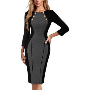 imageVFSHOW Womens Business Casual Office Work Buttons 34 Sleeve Colorblock Cocktail Party Fitted Pencil Sheath DressGrey and Black