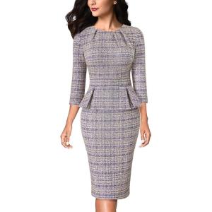 imageVFSHOW Womens Pleated Crew Neck Peplum Work Business Office Bodycon Pencil Sheath DressPurple and Yellow Tweed