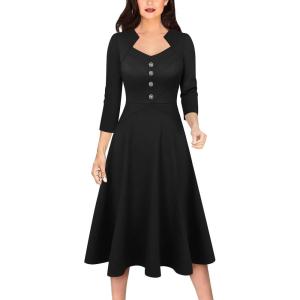 imageVFSHOW Womens Vintage Retro Square Neck Work Business Office Fit and Flare MidCalf ALine DressBlack