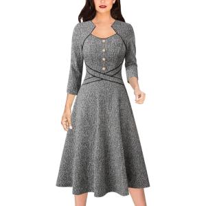 imageVFSHOW Womens Vintage Retro Square Neck Work Business Office Fit and Flare MidCalf ALine DressBlack Tweed
