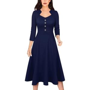 imageVFSHOW Womens Vintage Retro Square Neck Work Business Office Fit and Flare MidCalf ALine DressNavy Blue