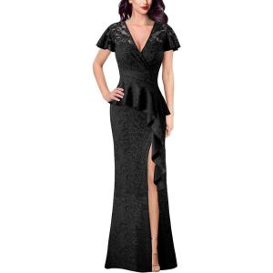imageVFSHOW Womens Ruched Wrap V Neck Ruffle Formal Prom Peplum High Slit Maxi Dress 2023 Wedding Guest Cocktail Evening Long GownBlack Floral Lace