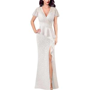 imageVFSHOW Womens Ruched Wrap V Neck Ruffle Formal Prom Peplum High Slit Maxi Dress 2023 Wedding Guest Cocktail Evening Long GownOffwhite Floral Lace