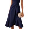 imageVFSHOW Womens 2025 Asymmetric Ruffle Ruched Cocktail ALine Midi Dress Sleeveless Elegant Boat Neck Wedding Guest DressesNavy Blue