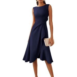 imageVFSHOW Womens 2025 Asymmetric Ruffle Ruched Cocktail ALine Midi Dress Sleeveless Elegant Boat Neck Wedding Guest DressesNavy Blue