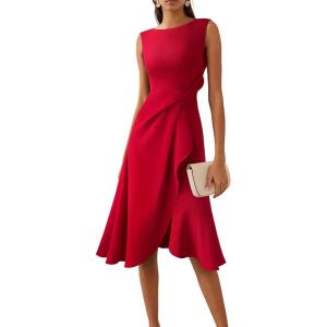 imageVFSHOW Womens 2025 Asymmetric Ruffle Ruched Cocktail ALine Midi Dress Sleeveless Elegant Boat Neck Wedding Guest DressesRed