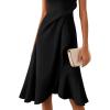 imageVFSHOW Womens 2025 Asymmetric Ruffle Ruched Cocktail ALine Midi Dress Sleeveless Elegant Boat Neck Wedding Guest DressesBlack