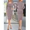 imageVFSHOW Womens 2025 Work Business Office Dresses Pleated Asymmetric Neck Vintage Church Slimming Pencil Sheath DressPink Tweed