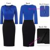 imageVFSHOW Womens 2025 Work Business Office Dresses Pleated Asymmetric Neck Vintage Church Slimming Pencil Sheath DressRoyal Blue and Black