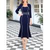 imageVFSHOW Womens Elegant Vintage Square Neck Work Business Office Party MidCalf Mermaid DressNavy Blue With Tweed Trim