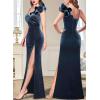 imageVFSHOW Womens Formal Prom Ruffle One Shoulder Strap Ruched Maxi Dress 2025 Sexy Twist Front Split Wedding Guest Evening GownDusty Blue Velvet