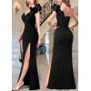 imageVFSHOW Womens Formal Prom Ruffle One Shoulder Strap Ruched Maxi Dress 2025 Sexy Twist Front Split Wedding Guest Evening GownSparkly Black