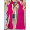 imageVFSHOW Womens Formal Prom Ruffle One Shoulder Strap Ruched Maxi Dress 2025 Sexy Twist Front Split Wedding Guest Evening GownSparkly Hot Pink