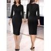 imageVFSHOW Womens Work Office Business Pleated Notch V Neck Buttons Fitted Belted Pencil Sheath DressBlack