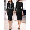 imageVFSHOW Womens Work Office Business Pleated Notch V Neck Buttons Fitted Belted Pencil Sheath DressBlack and White
