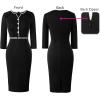 imageVFSHOW Womens Work Office Business Pleated Notch V Neck Buttons Fitted Belted Pencil Sheath DressBlack and White