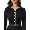 imageVFSHOW Womens Work Office Business Pleated Notch V Neck Buttons Fitted Belted Pencil Sheath DressBlack and White