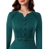 imageVFSHOW Womens Work Office Business Pleated Notch V Neck Buttons Fitted Belted Pencil Sheath DressGreen