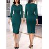 imageVFSHOW Womens Work Office Business Pleated Notch V Neck Buttons Fitted Belted Pencil Sheath DressGreen