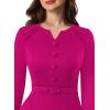 imageVFSHOW Womens Work Office Business Pleated Notch V Neck Buttons Fitted Belted Pencil Sheath DressHot Pink