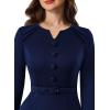 imageVFSHOW Womens Work Office Business Pleated Notch V Neck Buttons Fitted Belted Pencil Sheath DressNavy Blue
