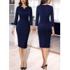 imageVFSHOW Womens Work Office Business Pleated Notch V Neck Buttons Fitted Belted Pencil Sheath DressNavy Blue