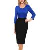 imageVFSHOW Womens 2025 Work Business Office Dresses Pleated Asymmetric Neck Vintage Church Slimming Pencil Sheath DressRoyal Blue and Black
